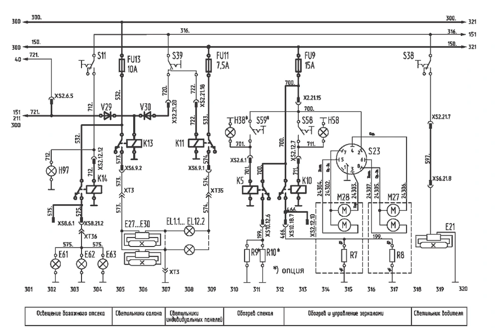 Внутреннее освещение, обогрев зеркал с электрическим управлением и стекол